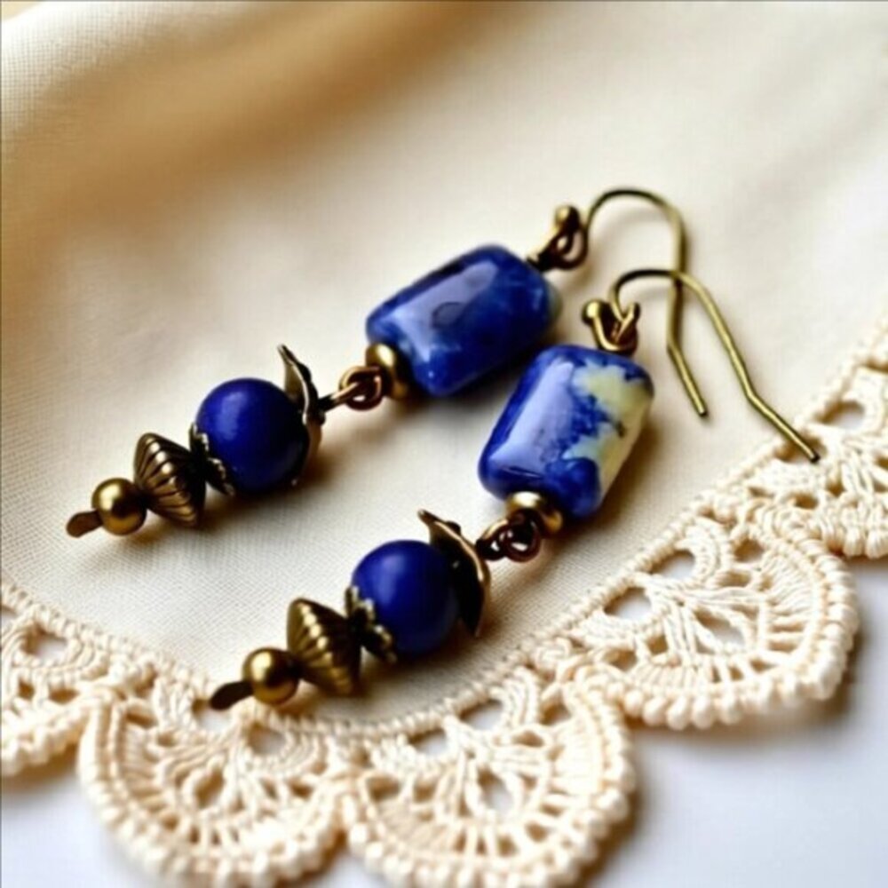 Blue Sodalite + Lapis Lazuli + Bronze ~ Handmade & One-of-a-kind Dangle Earrings - Picture 7 of 13